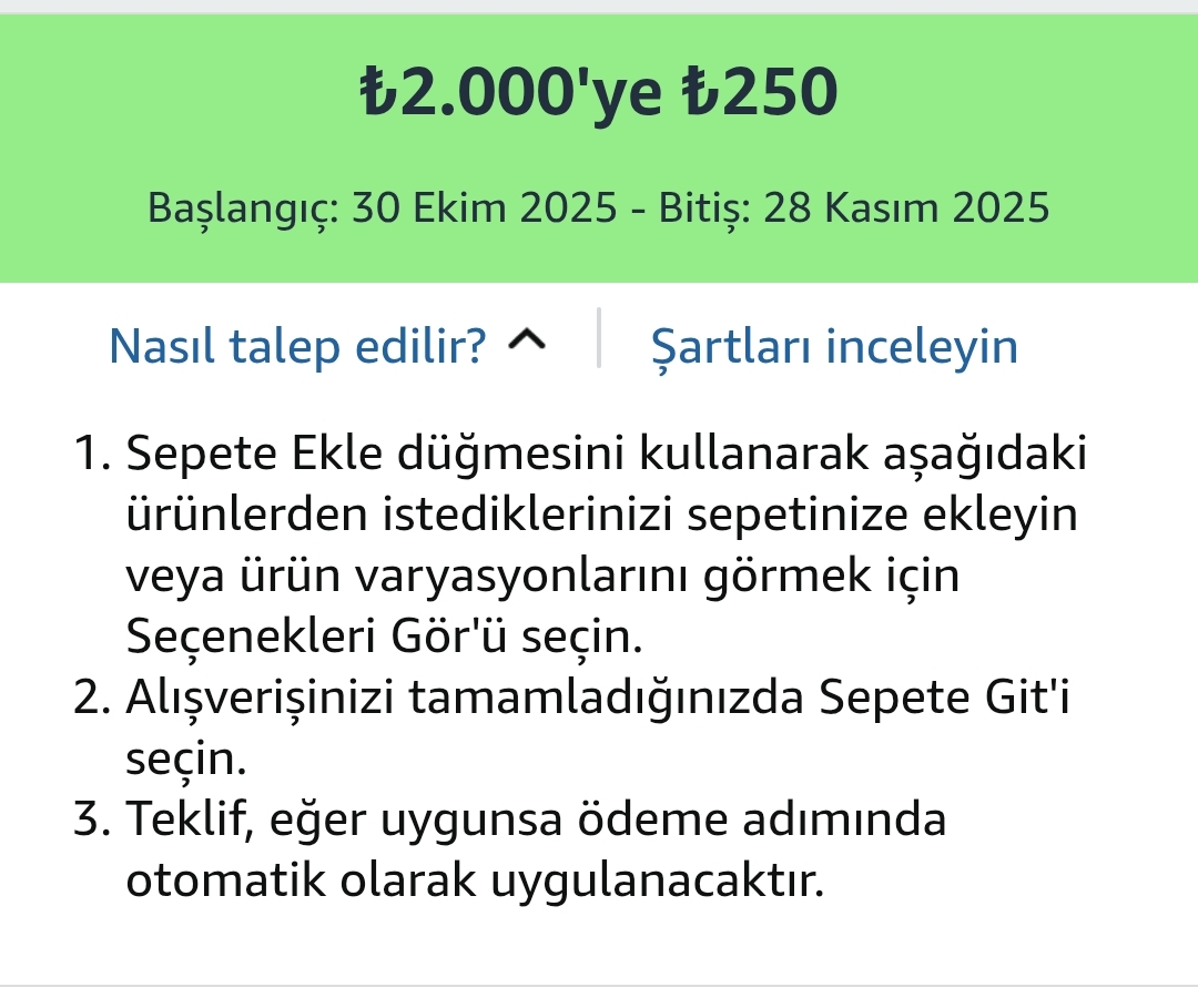 AMAZON'da 2000TLye 250TL İndirim