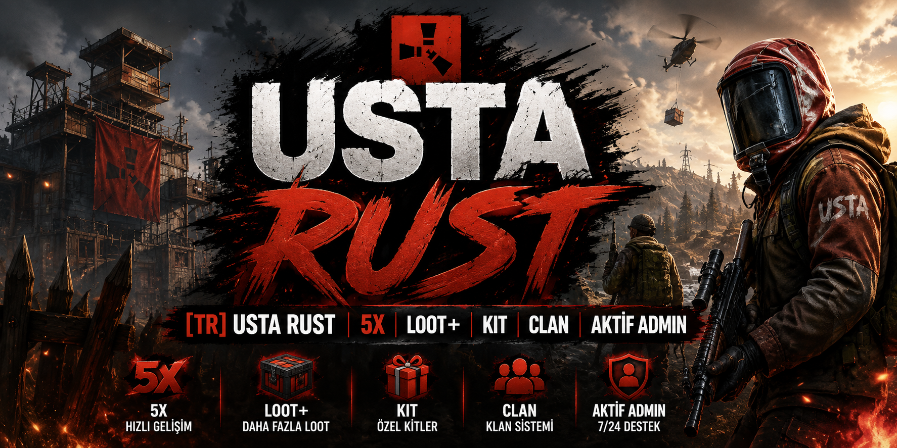 Баннер сервера [TR] USTA RUST | 5X | Loot+ | Kit | Clan | Aktif Admin