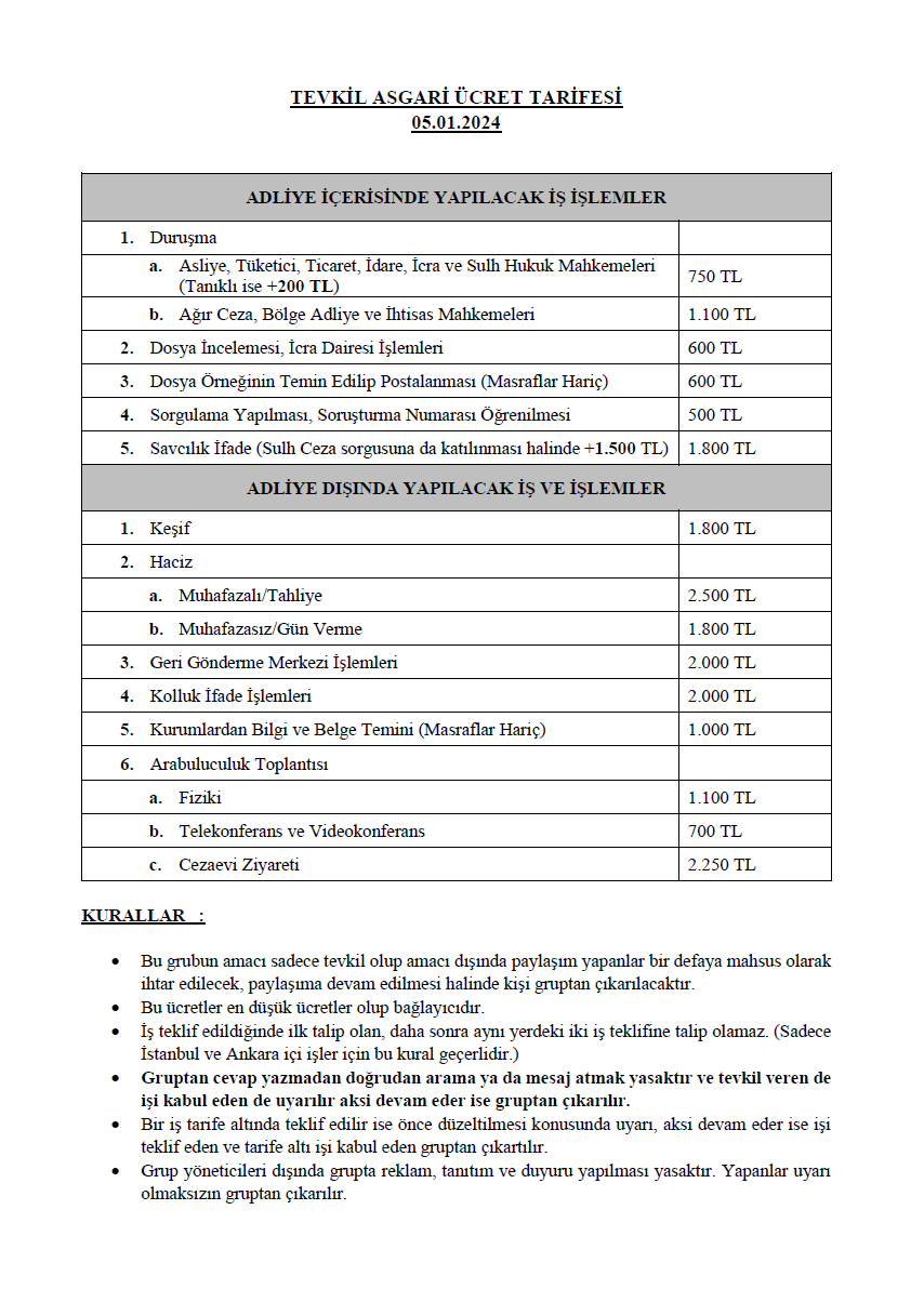 TEVKİL ÜCRET TARİFESİ 05.01.2024 » ResimLink